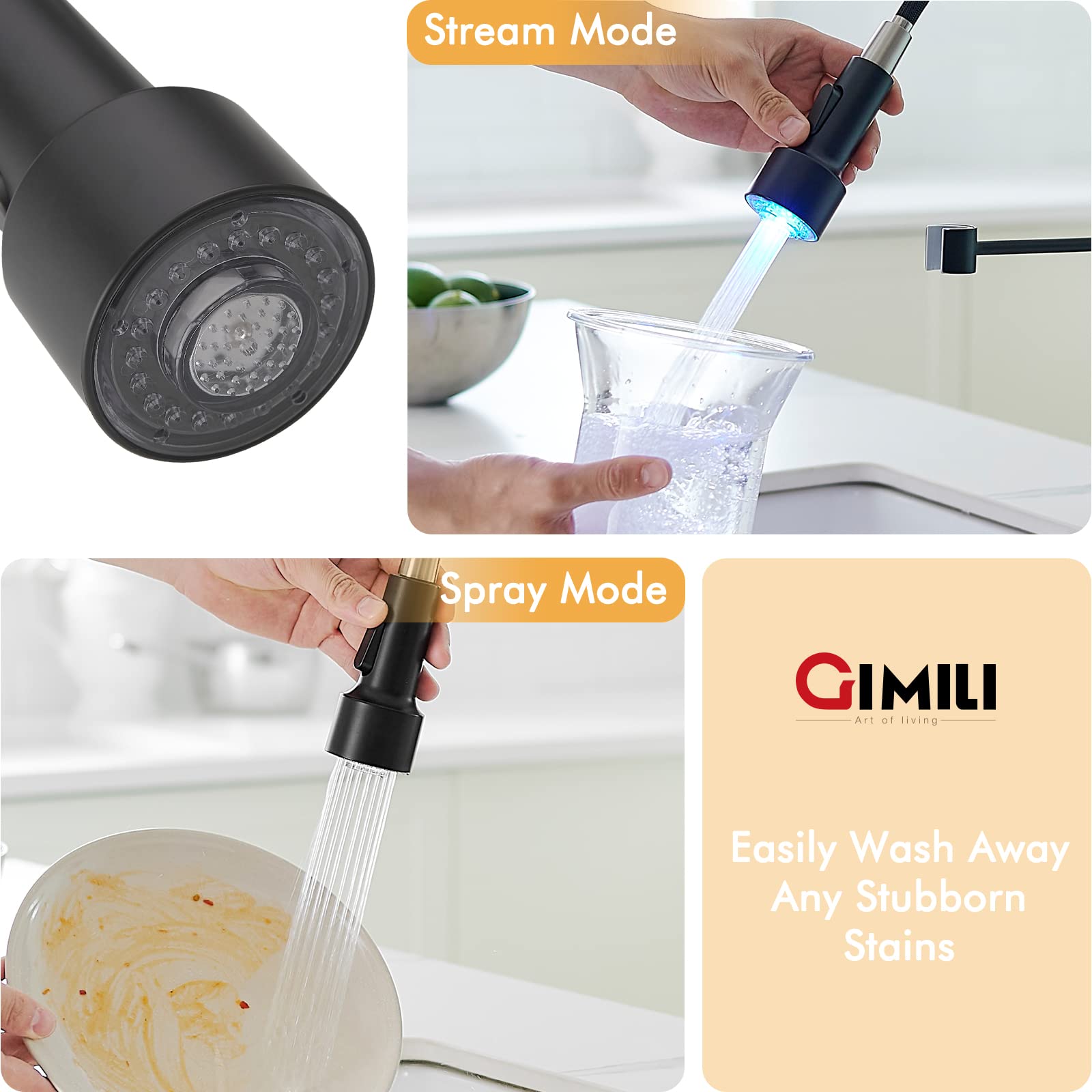 Gimili Brushed Nickel And Black Kitchen Faucet With Pull Down Sprayer Single Handle Led Kitchen Sink Faucet